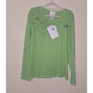 Quarker Factory Womens XL Longsleeve Shirt Green Black Spider Halloween Teacher
